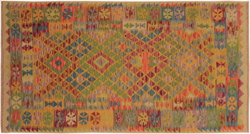 Flat Weave Kilim, Antique, Navaho, Vintage, Handmade, Geometric Kilim Gold Blue Hand-Woven Rectangle 100% Wool Area Rug 4 x 7